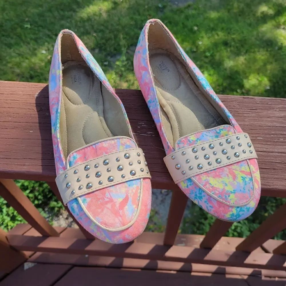 Avon Pink Floral Print Studded Cusion Walk Slip-On Flats Size 8